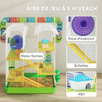 Cage pour hamster souris petit animaux rongeur avec tunnel mangeoire roue jouet 47 x 30 x 59 cm vert-3
