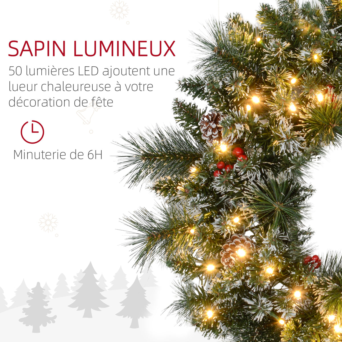 Couronne de Noël porte artificielle 60 CM avec pommes de pin et grappes de baies, lumières LED et minuterie vert-4