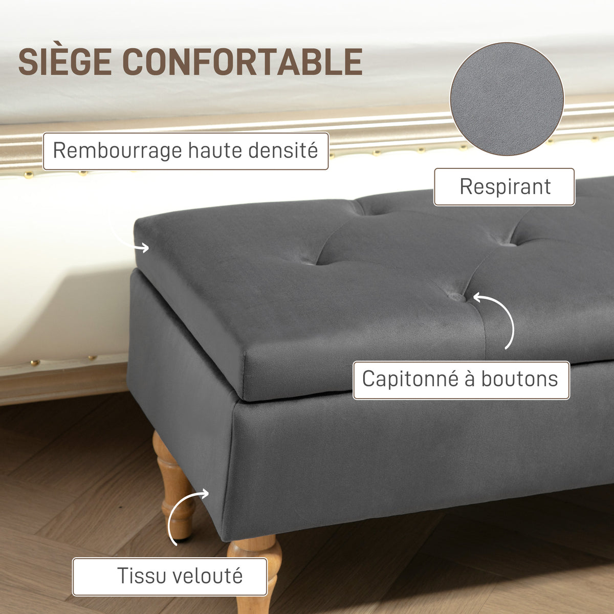 Banc coffre de rangement 2 en 1 banquette en velours avec couvercle à charnière capitonné et pieds en bois, gris foncé-5