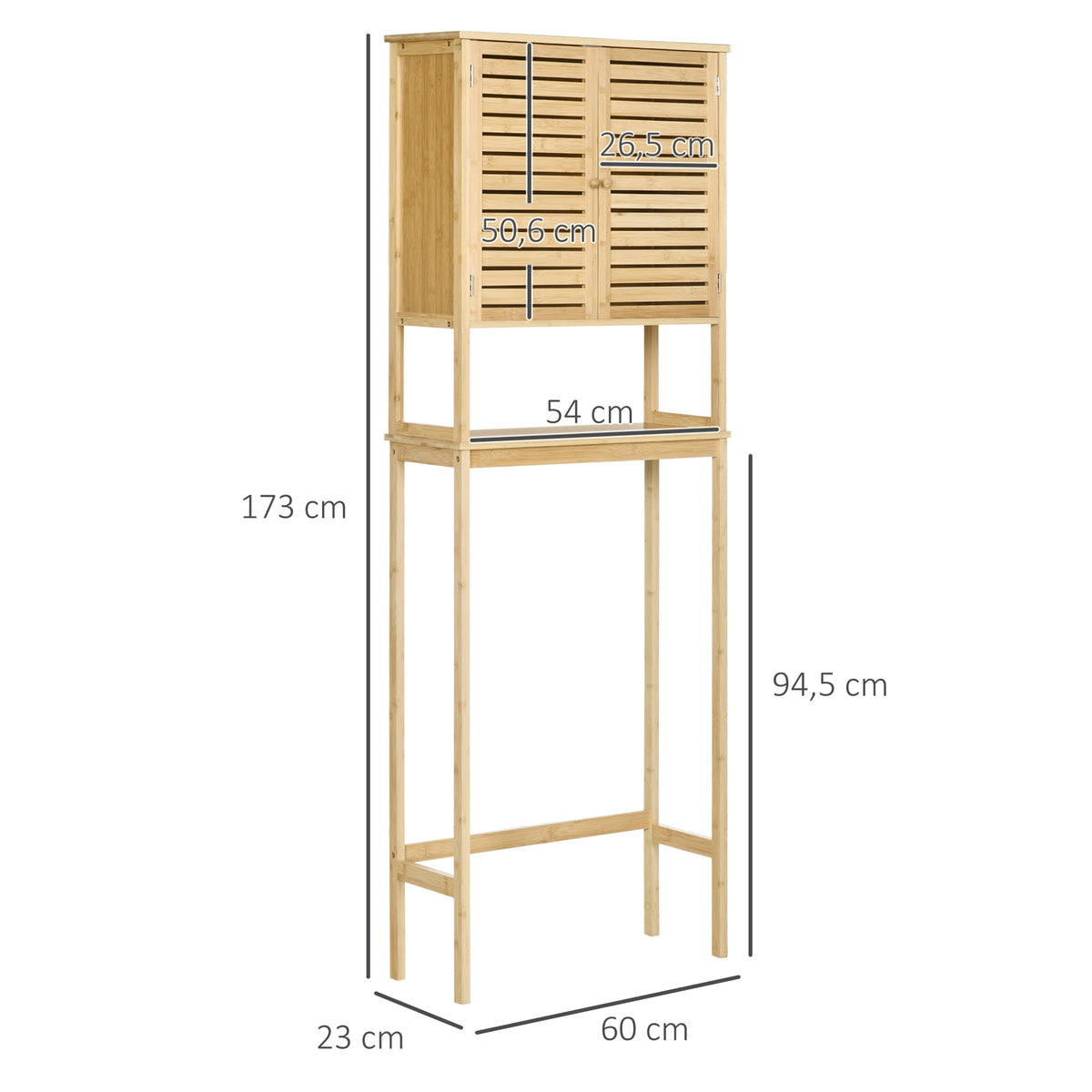 Étagère de toilettes meuble de salle de bain dessus toilette WC avec placard 2 portes et étagère ouverte 60 x 23 x 173 cm bambou-2