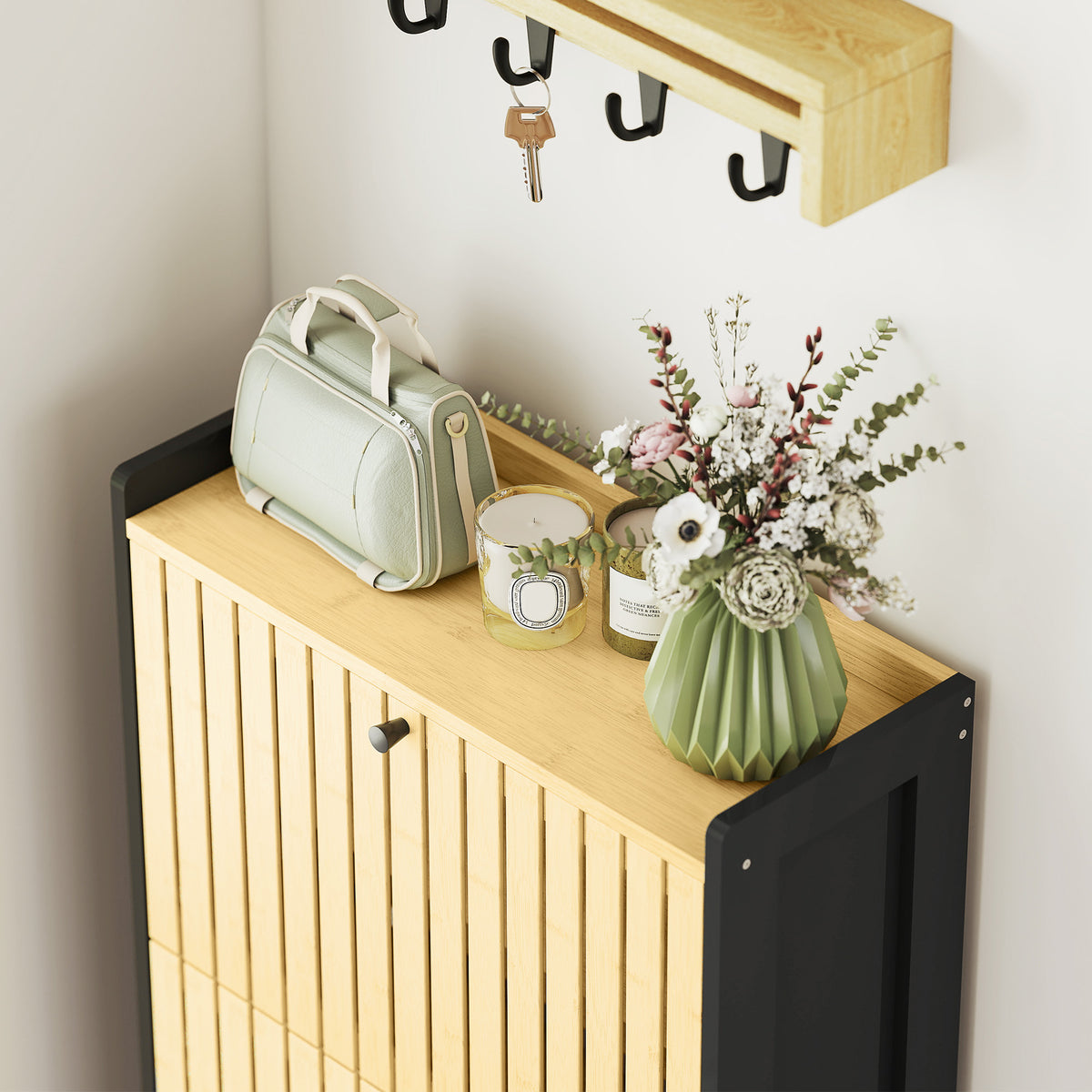 Meuble à chaussures 18 paires avec 3 tiroirs rabattables, portes en bambou à lattes, 60x24x118cm, noir et bois naturel-8