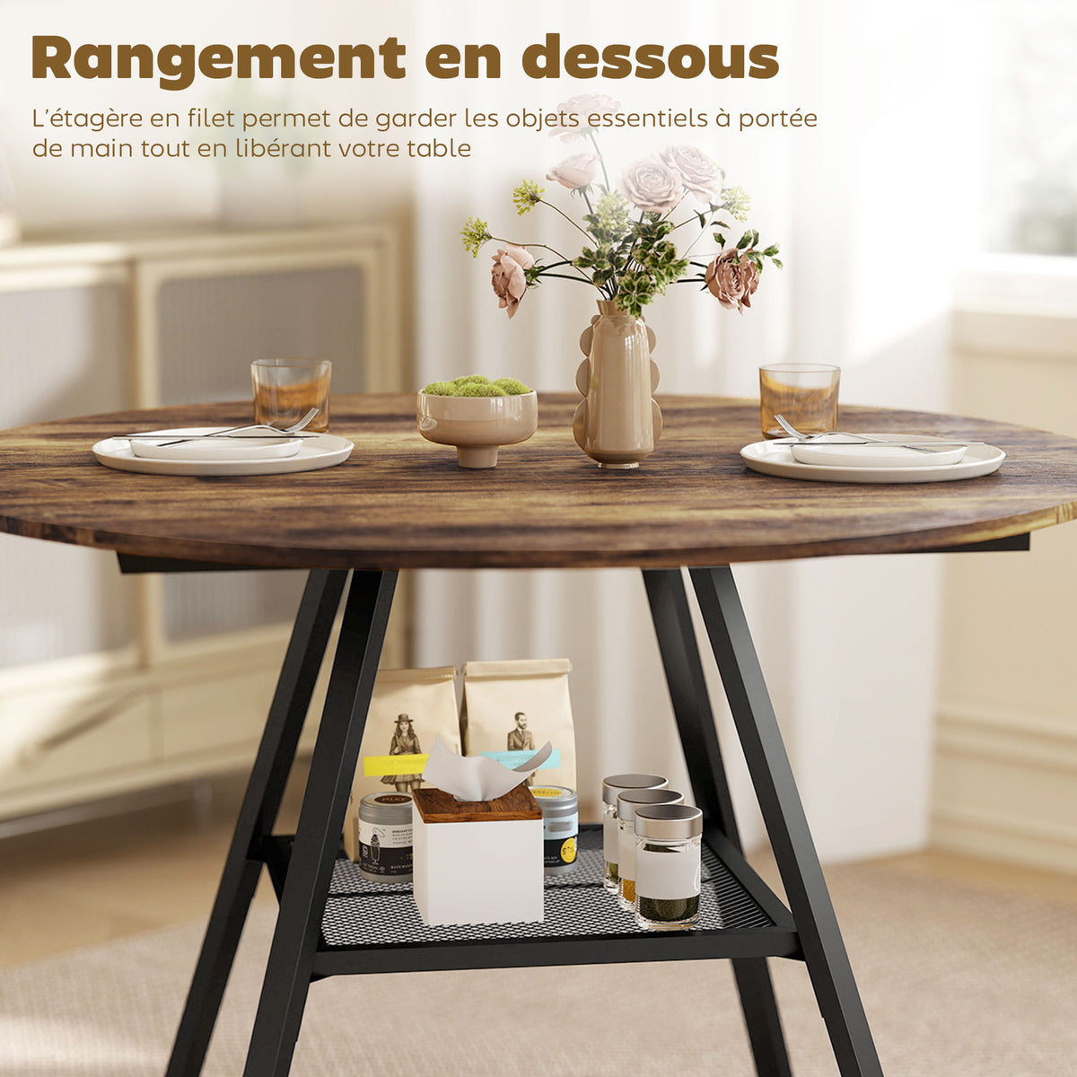 Table à manger ronde pour 4 personnes, Ø 100 x 76 cm, table de cuisine avec large plateau et étagère, brun rustique-4