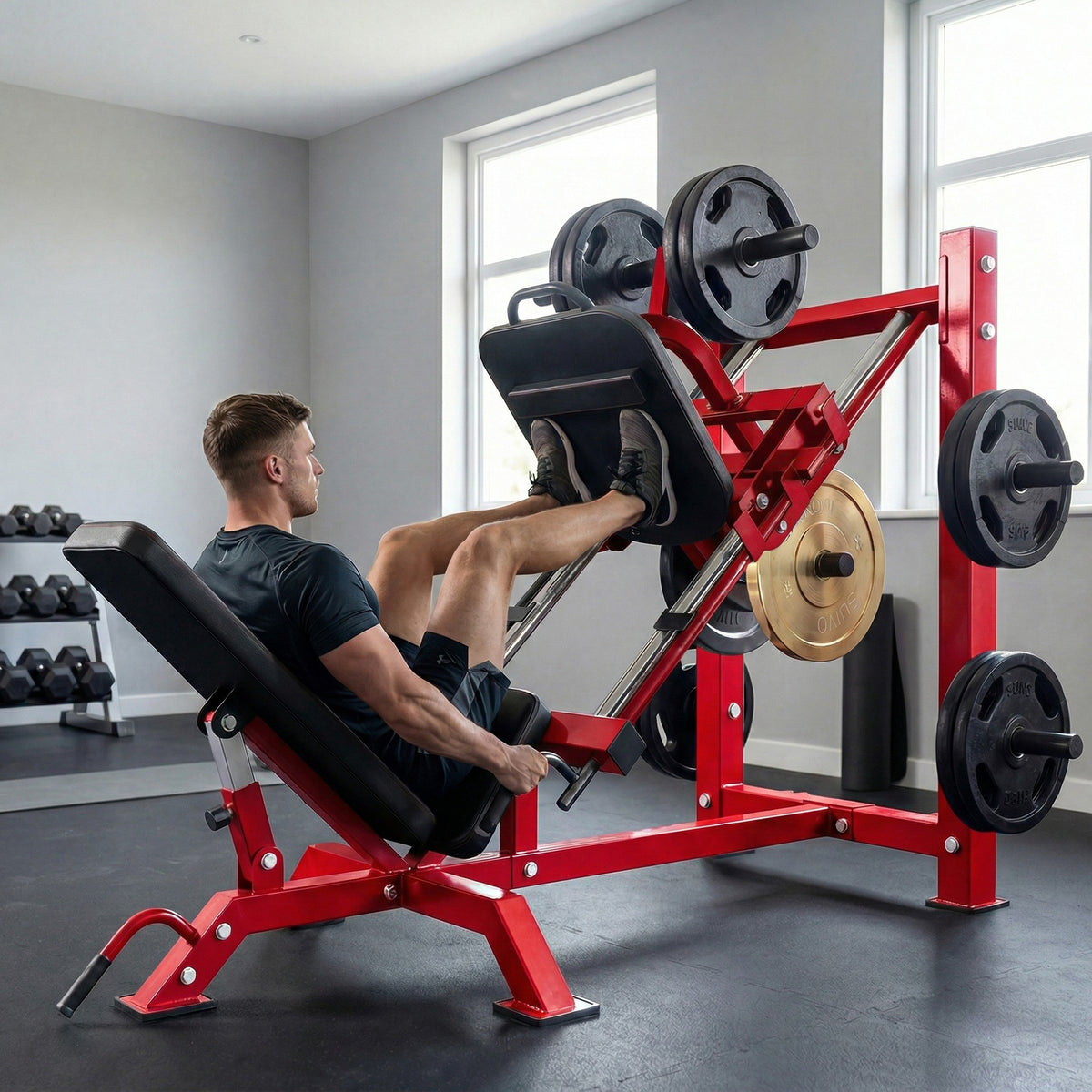 Presse à Cuisses Professionnelle Machine Musculation Jambes et Hack Squat 455kg Appareil Réglable 185x120x140cm Rouge-1