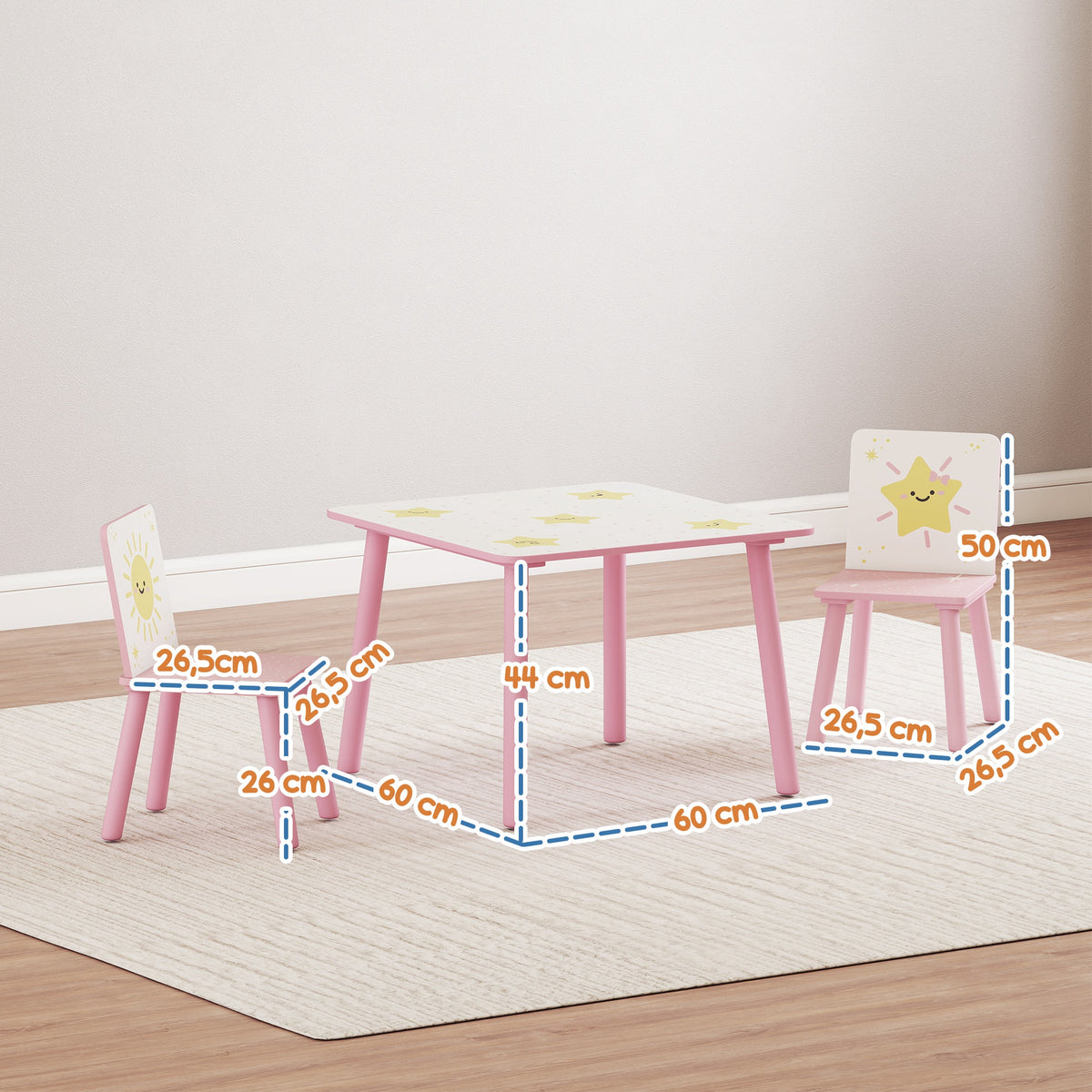 Table enfant avec chaise, ensemble table et 2 chaises enfant en bois, motifs d'étoile, 60 x 60 x 44 cm, rose-2