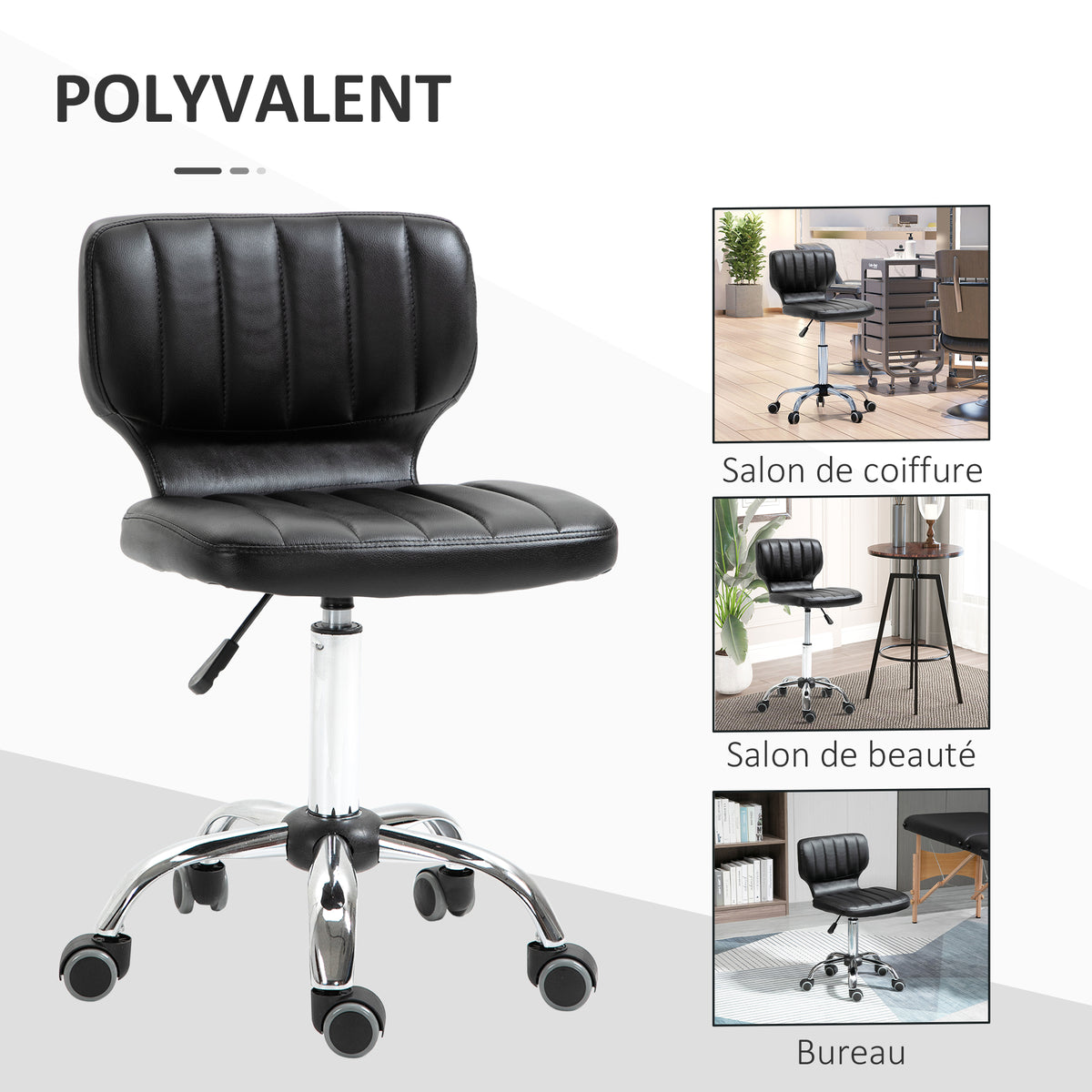 Tabouret à roulettes - tabouret de travail pivotant 360° - - tabouret ergonomique - hauteur assise réglable 47-62 cm - revêtement synthétique matelassé noir métal chromé-6
