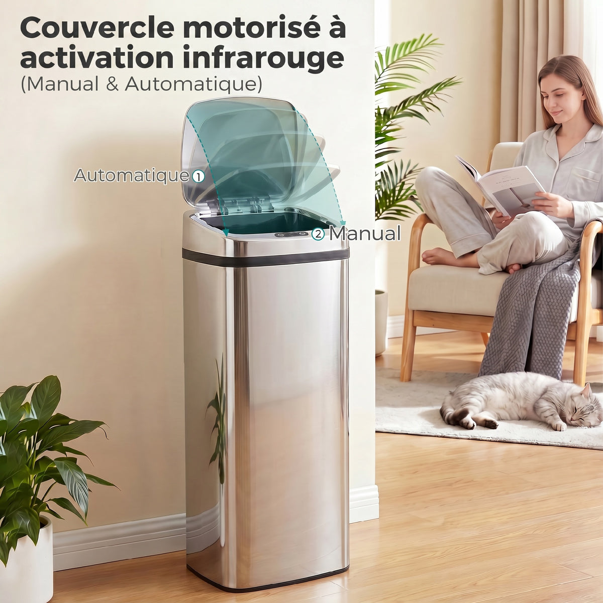 Poubelle à capteur de mouvement ouverture automatique 1 bac de 50 L en acier inoxydable-6