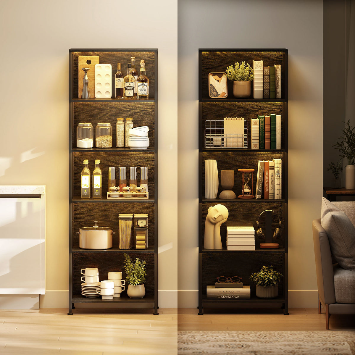 Bibliothèque étagère de rangement à 5 niveaux avec éclairage LED 7 couleurs, structure en acier, 60 x 30 x 179 cm, noir-6