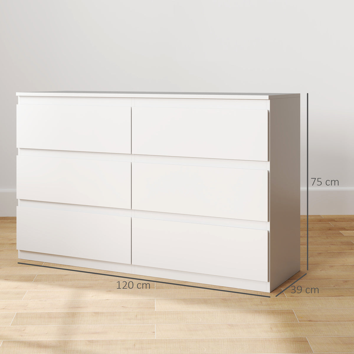 Commode 6 tiroirs meuble de rangement sans poignées design minimaliste 120 x 39 x 75 cm blanc-2