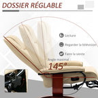 Fauteuil relax inclinable repose-pieds réglable pivotant 360° piètement bois revêtement PU respirant et doux crème-3