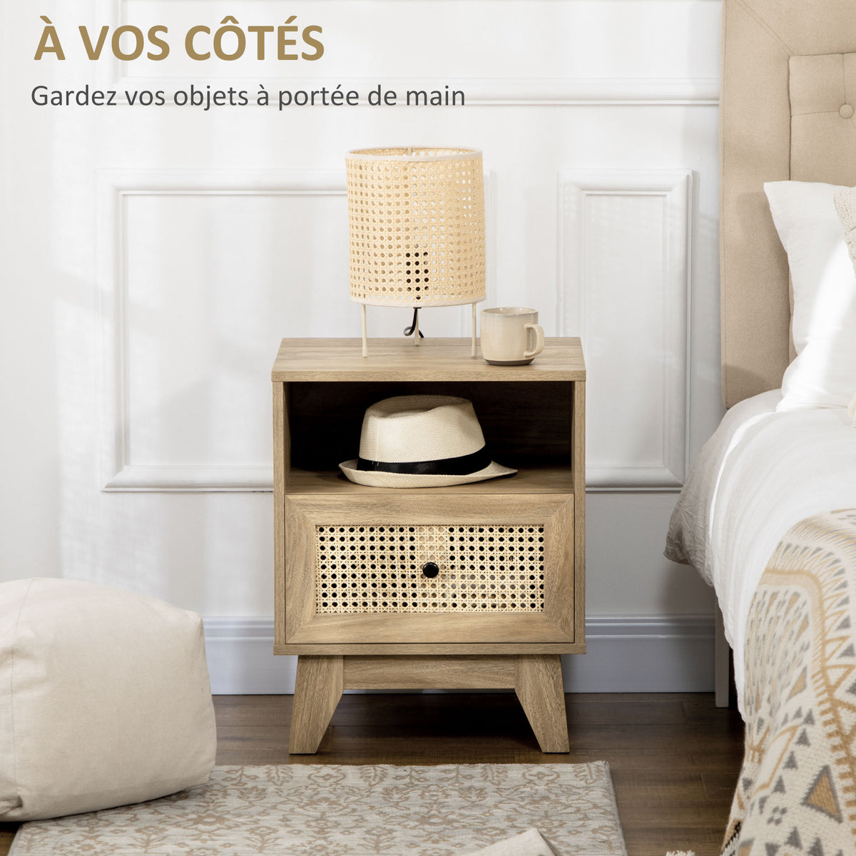 Table de chevet table de nuit avec tiroir porte cannage et niche vintage 45 x 39 x 56,5 cm-3