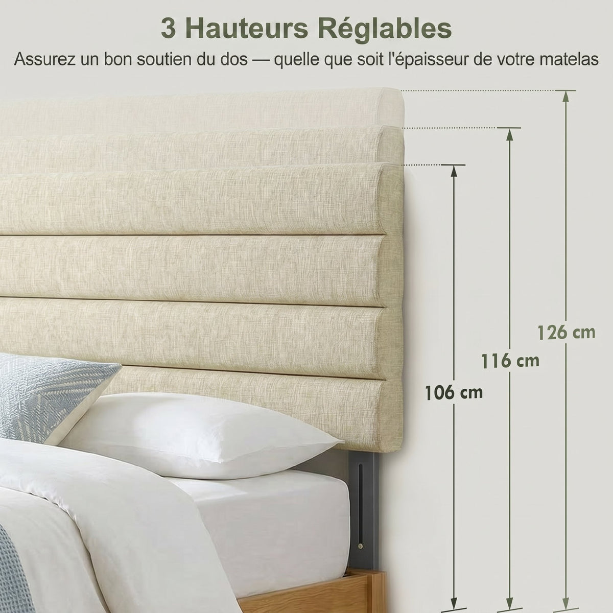 Tête de Lit Capitonnée, Hauteur Ajustable en 3 Niveaux avec Pieds en Métal pour Chambre, 140 x 10 x 106/116/126 cm Beige-4