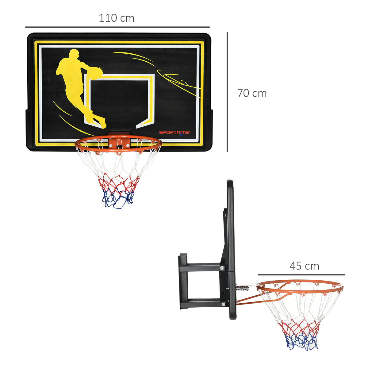 Panier de basket mural panier de basket extérieur panneau incassable filet anti-déchirure 110 x 90 x 70 cm noir-2
