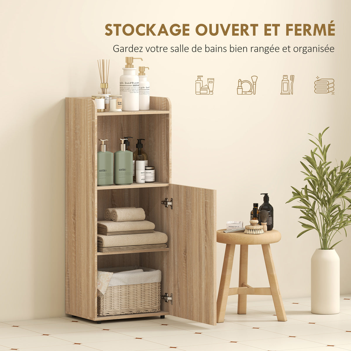 Meuble salle de bain, meuble de rangement étroit 4 niveaux, placard, compartiment ouvert, 40 x 31 x 104 cm, chêne jaune-3