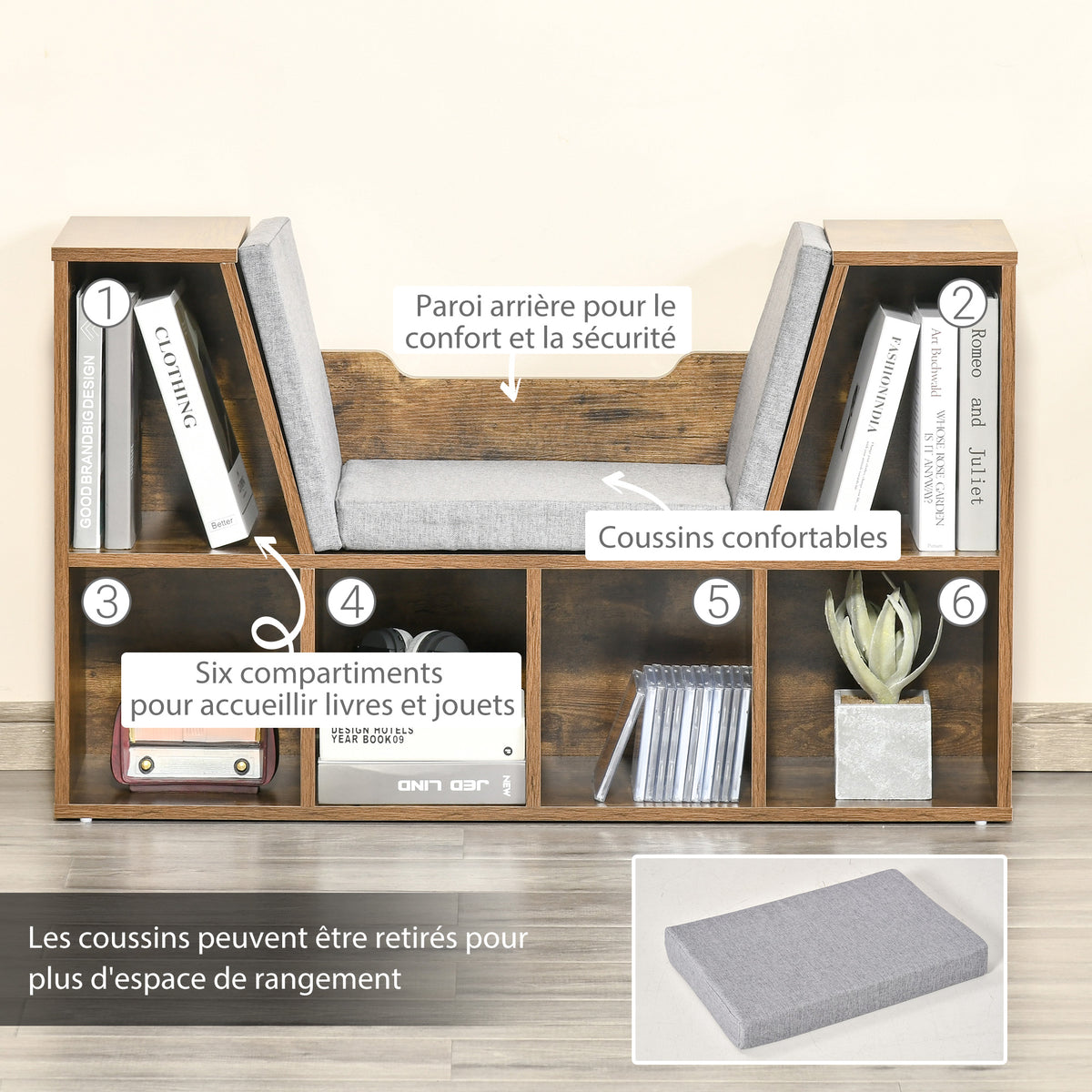 Bibliothèque banc 2 en 1 avec coussins de siège, étagère cube 6 compartiments ouverts, 102 x 30 x 61 cm, brun rustique-5