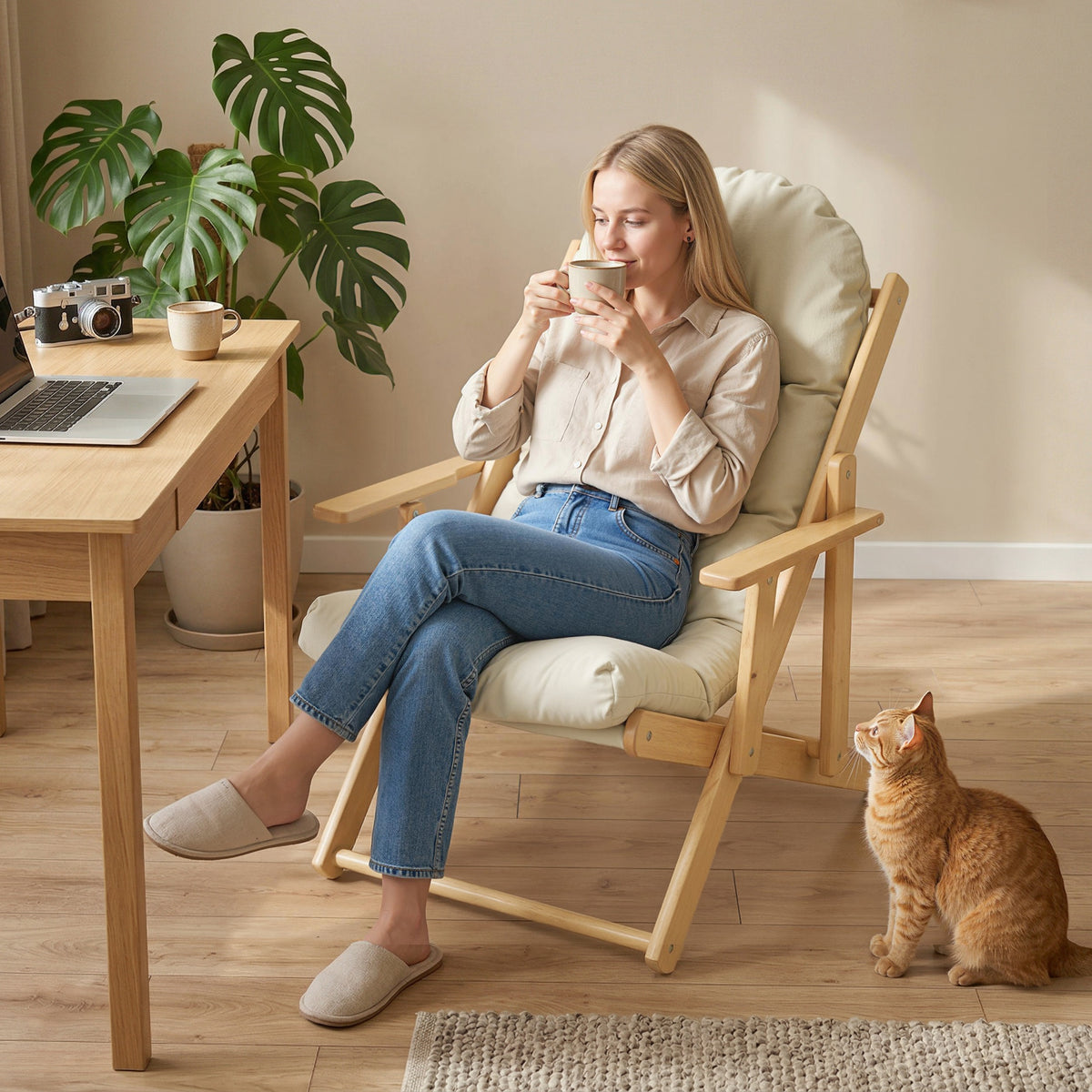 Fauteuil Chaise de Salon Pliable et inclinable en Bois Fauteuil Relax Confortable avec Coussin capitonné épais-9