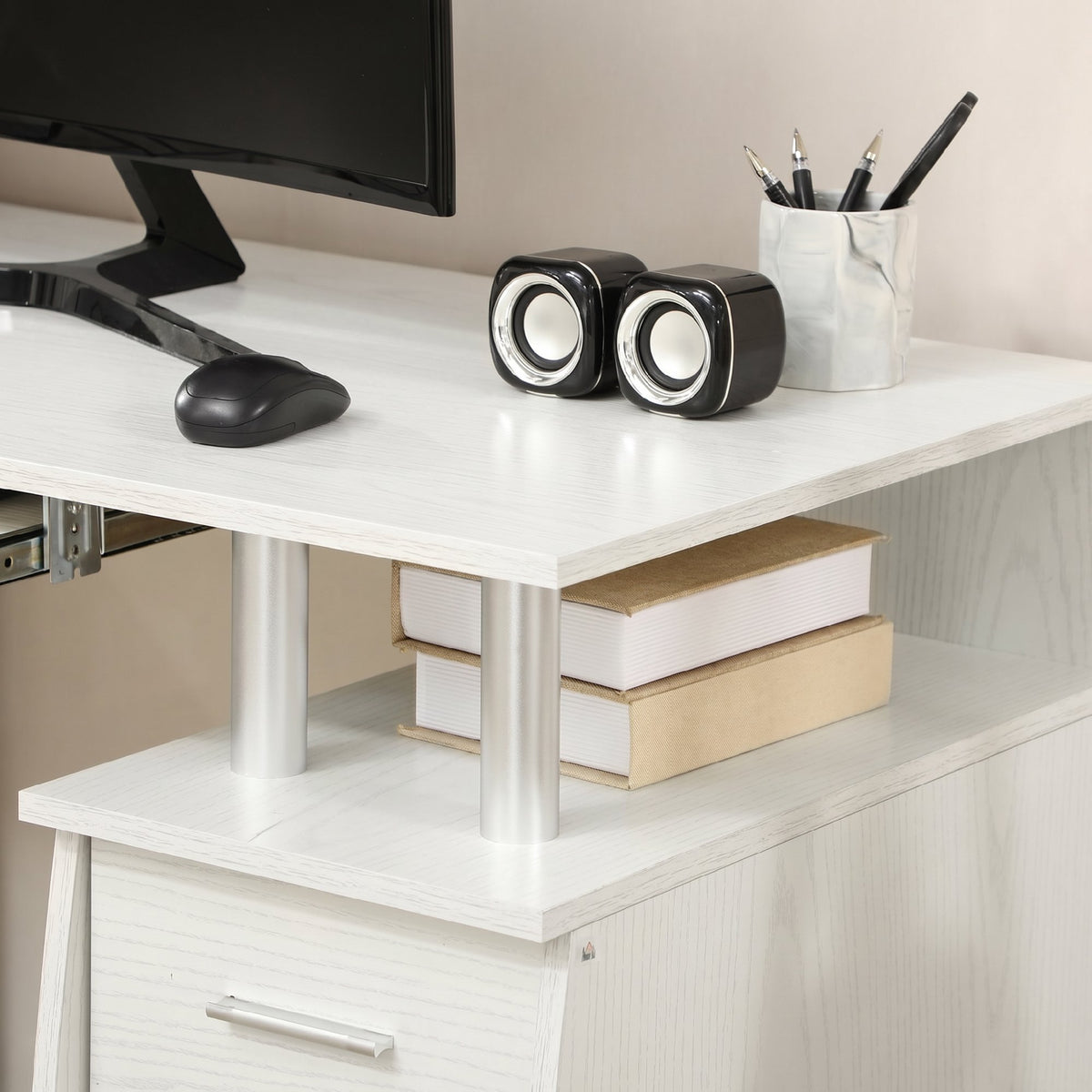 Bureau d'ordinateur, bureau informatique 120 x 55 cm avec plateau pour clavier, 3 tiroirs, pour chambre, domicile, blanc-6