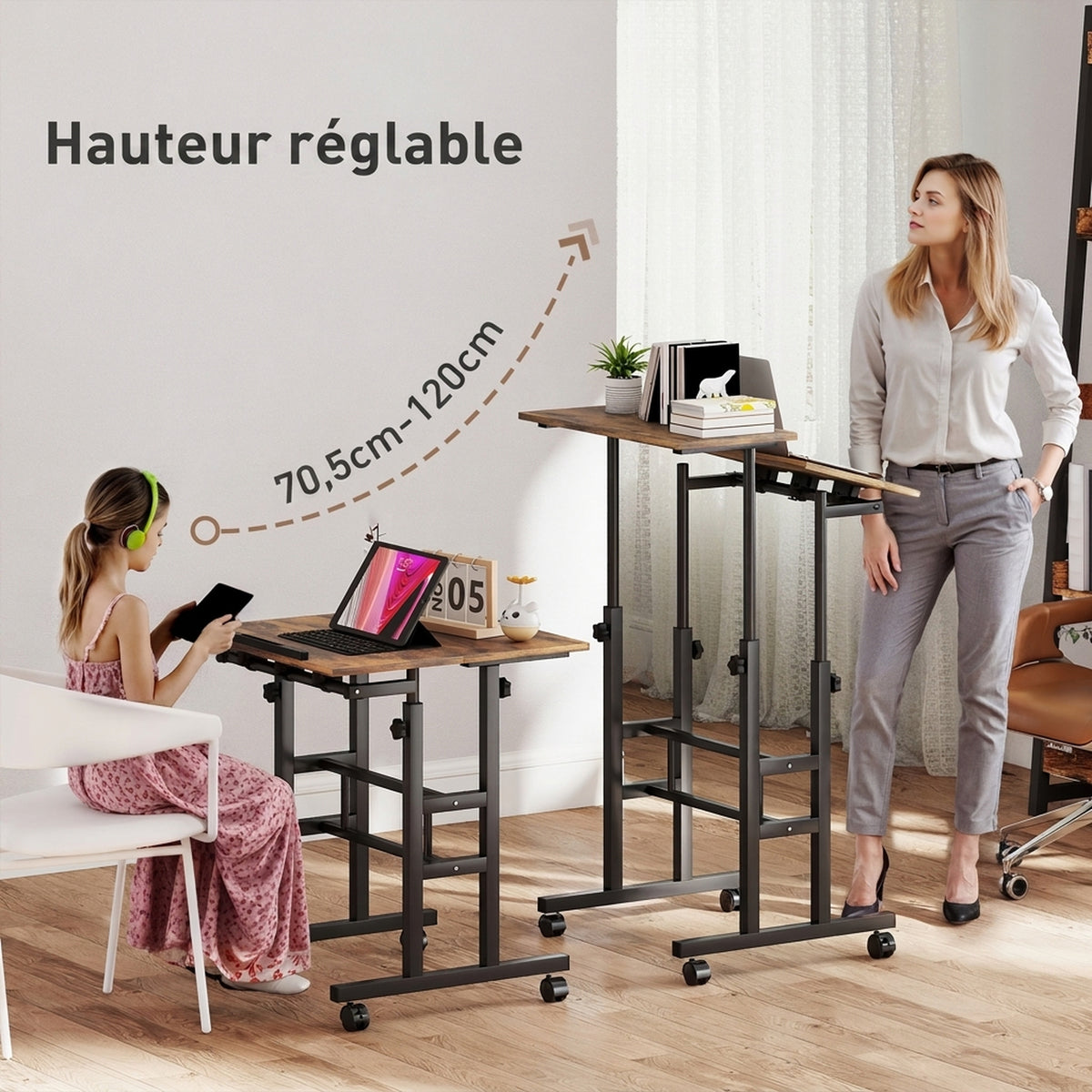 Bureau assis debout bureau réglable en hauteur 60 x 60 cm à roulettes avec plateau inclinable cadre métal brun rustique-3