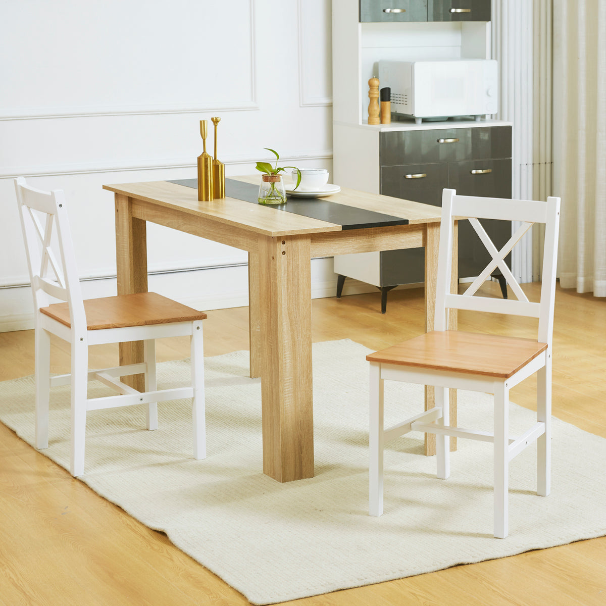 Lot de 2 chaises de salle à manger en bois massif chaise de cuisine esprit campagne dossier croisé blanc et chêne-1