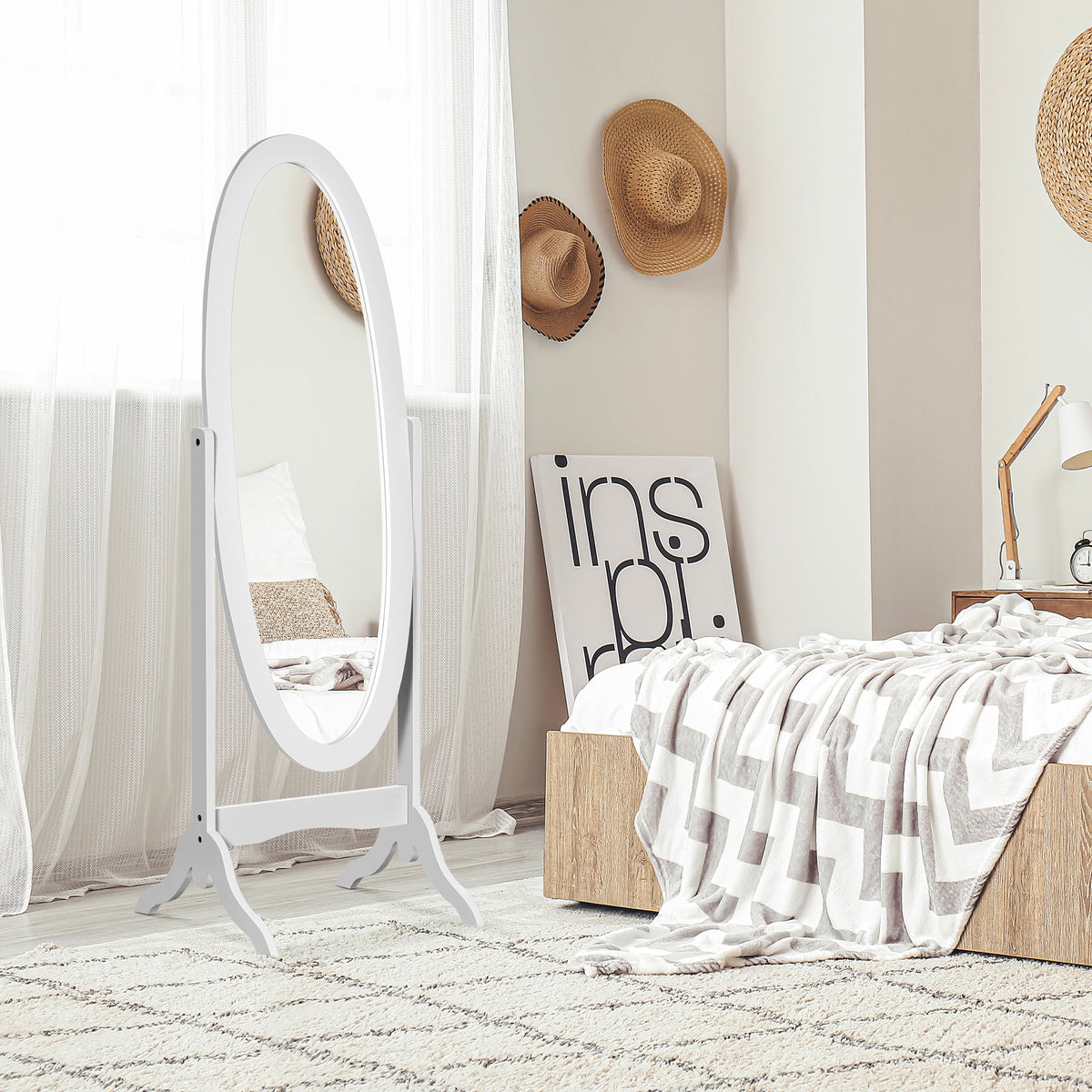 Miroir à Pied Ovale Style Shabby Chic Inclinaison réglable dim. 48L x 46l x 147H cm MDF Blanc-1