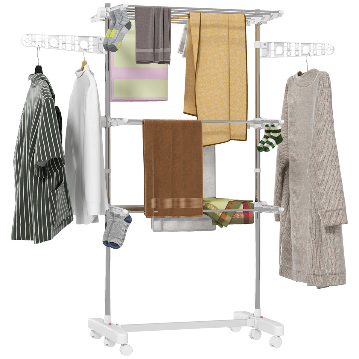 Étendoir Linge 3 Niveaux, Sechoir a 6 Roulettes, Pliable, cadre acier Inoxydable Extérieur, 142x55x152cm, Blanc-0