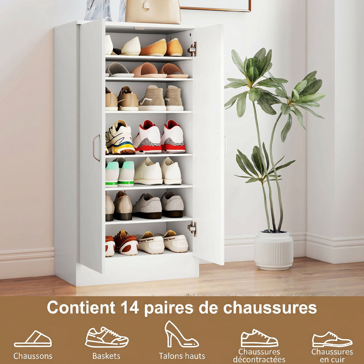Meuble à chaussures 14 paires armoire à chaussures 7 niveaux avec 6 étagères réglables 2 portes à fermeture douce blanc-3