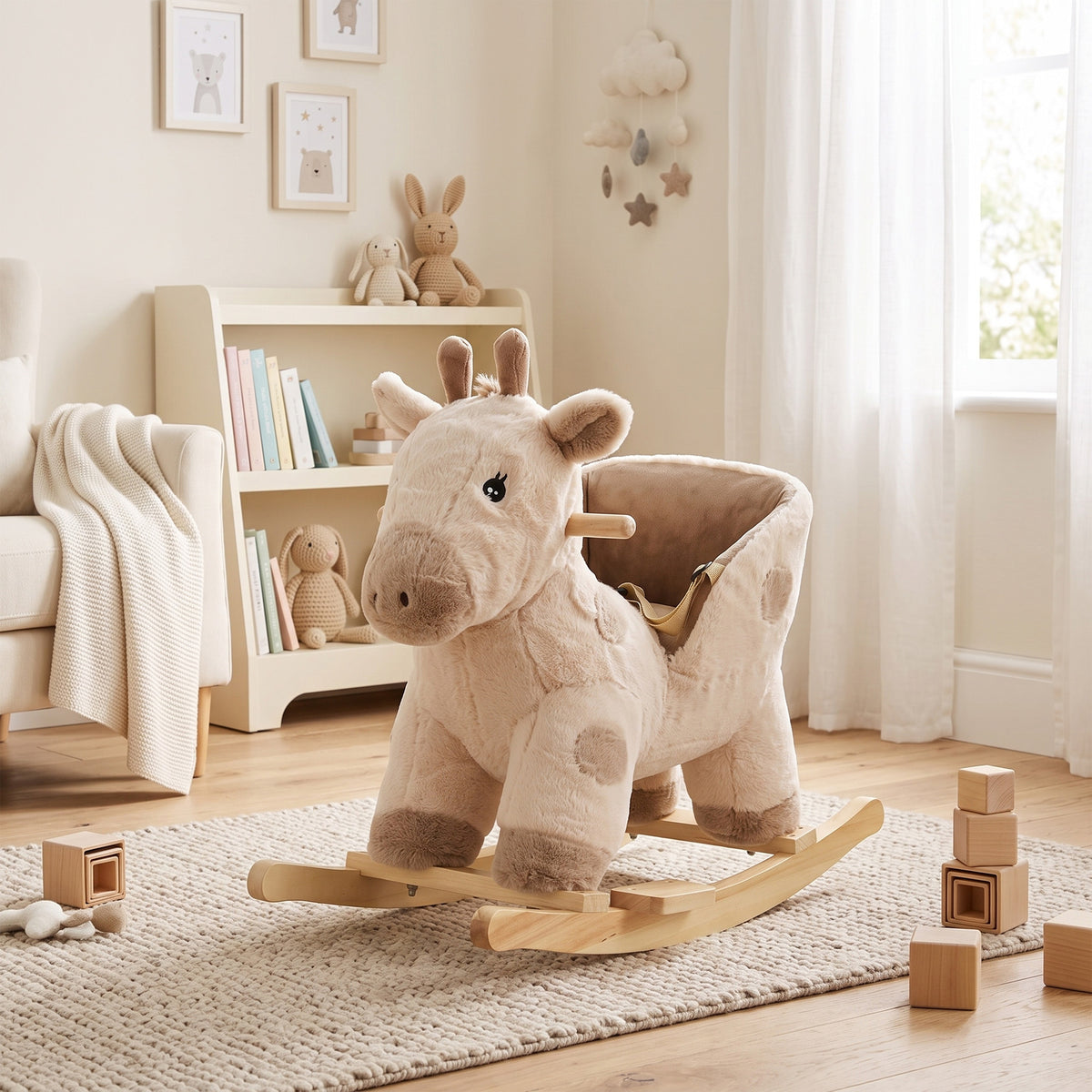 Cheval à bascule pour enfants girafe jouet à bascule bébé avec effet sonore, ceinture de sécurité, 68x35x50cm, beige-1