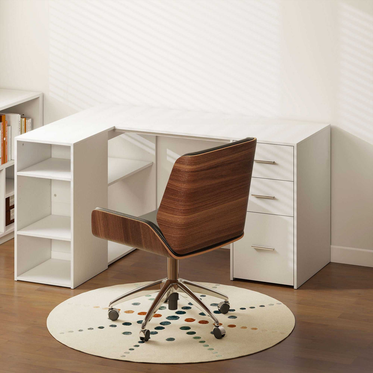 Bureau d'Angle, Bureau Informatique en L, 3 Tiroirs, 5 Compartiments Ouverts, Étagères Réglables, 140x100x75cm, Blanc-1
