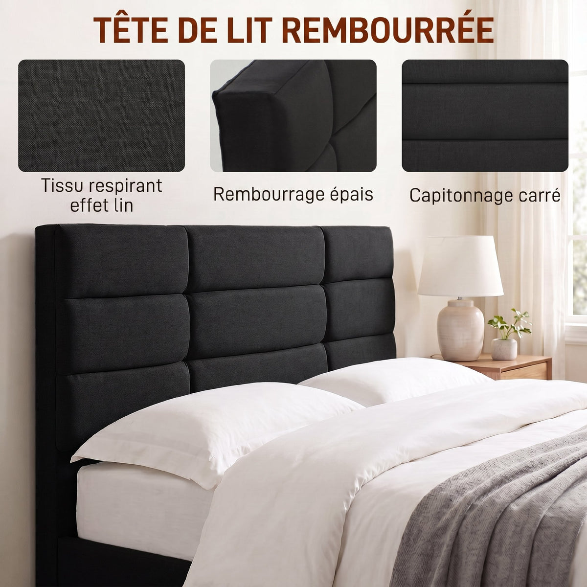 Cadre de Lit 140 x 200 cm avec Sommier Bois, Lit Double Rembourré en Effet Lin, Rangement au-dessous, Sans Bruit, Noir-3