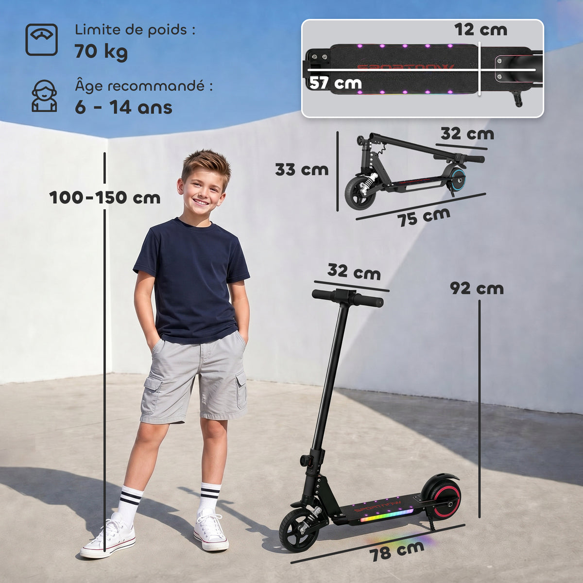 Trottinette électrique pour enfants 6-14 ans scooter électrique pliable pour enfants vitesse max 14 km/h aluminium noir-2