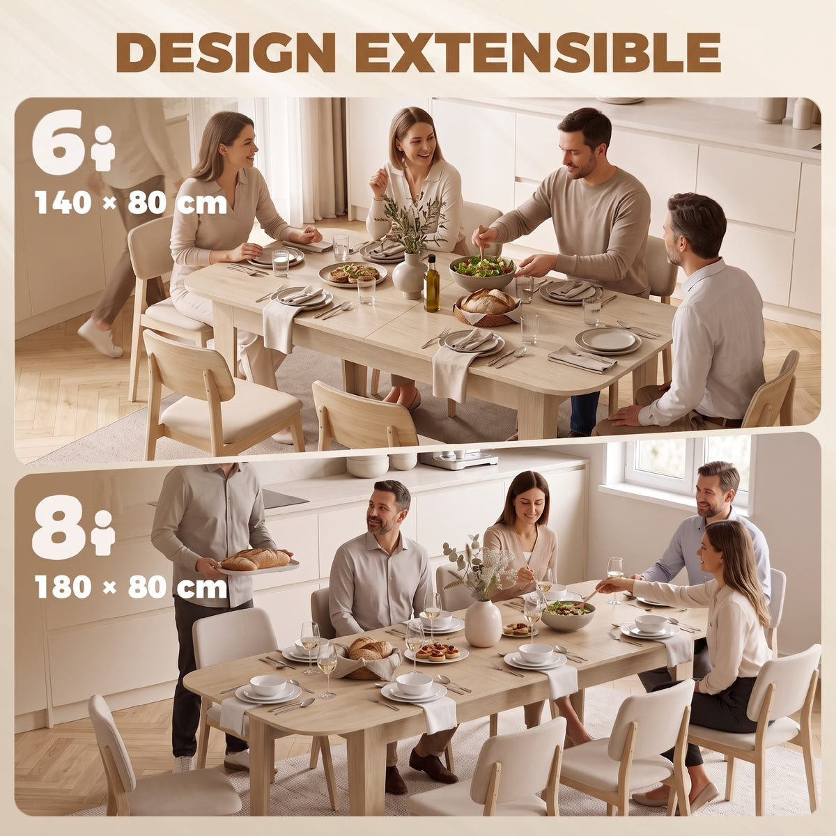 Table à Manger Extensible pour 4 à 6 Personnes, 140-180 cm, Table de Cuisine Ovale avec Bords Arrondis, Chêne-3