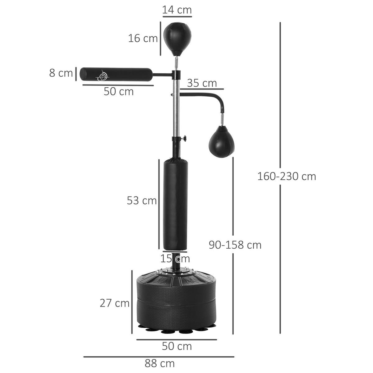 Sac de frappe sur pied 4 en 1, punching ball autonome 2 balles de vitesse barre rotative 360° hauteur réglable 160-230 cm, sac de boxe pour adultes, pour Boxe Muay Thaï Taekwondo, noir-2