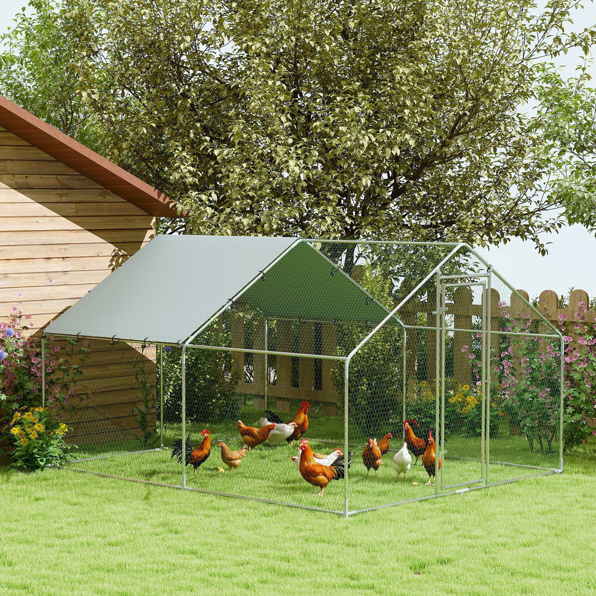 Poulailler, grand poulailler en métal avec couverture imperméable et anti-UV, cage pour 10-15 poules, 3 x 3,4 x 1,9m-1