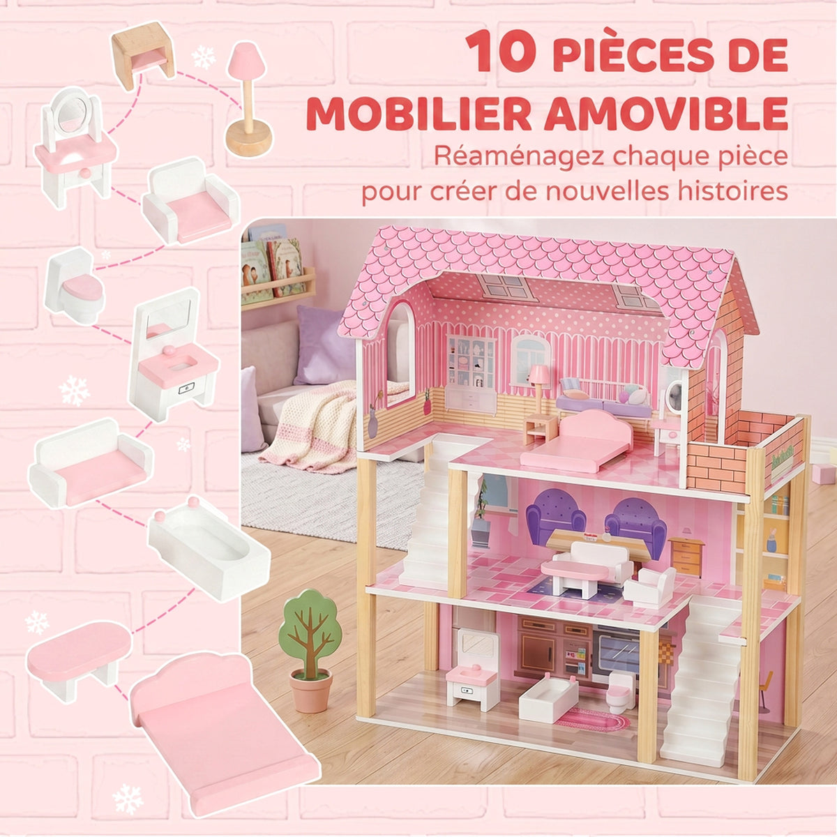 Maison de Poupée en Bois pour Enfants, Maison de Rêve Filles à 3 Étages avec Balcon, Escaliers et 10 Accessoires, Rose-4