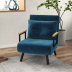 Fauteuil convertible 3 en 1 lit 1 place dossier 5 positions, accoudoirs en bois et coussin, tissu effet velours, bleu-1