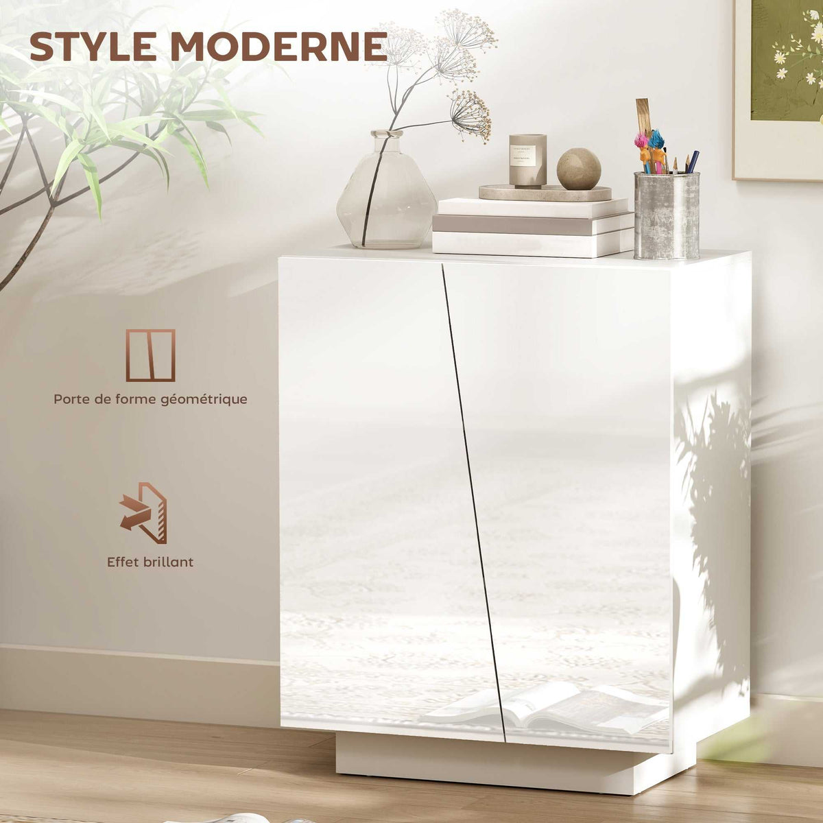 Buffet meuble de rangement avec placard double porte et étagère réglable, 70 x 40 x 88 cm, blanc brillant-3