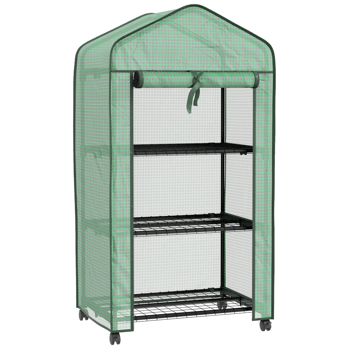 Mini serre de jardin avec 3 étagères, bâche PE haute densité, porte enroulable, 4 roulettes, dim. 69L x 49l x 130H cm-0