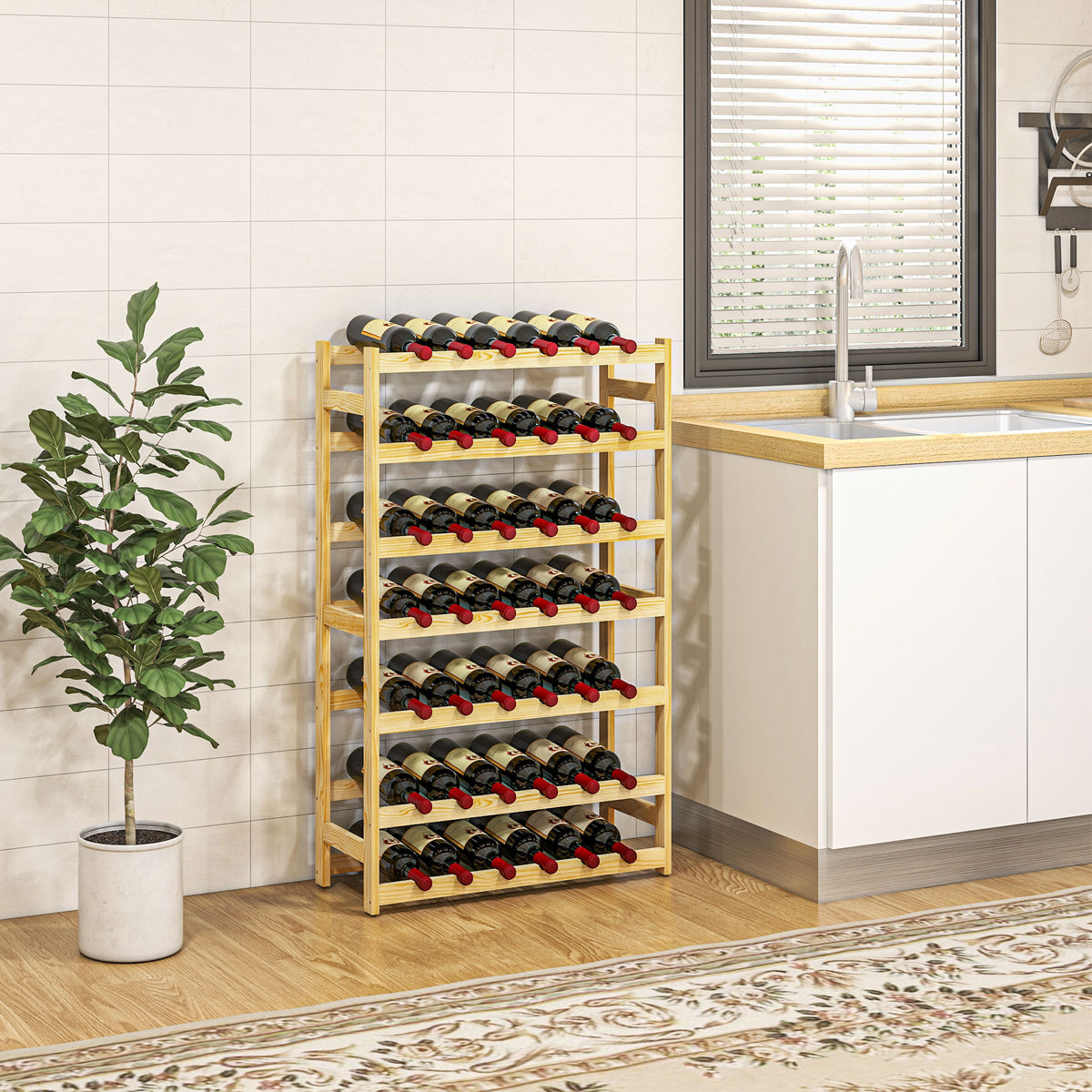 Casier à bouteilles, porte-bouteille en bois à 7 niveaux pour 42 bouteilles, 63 x 25 x 102cm, naturel-1
