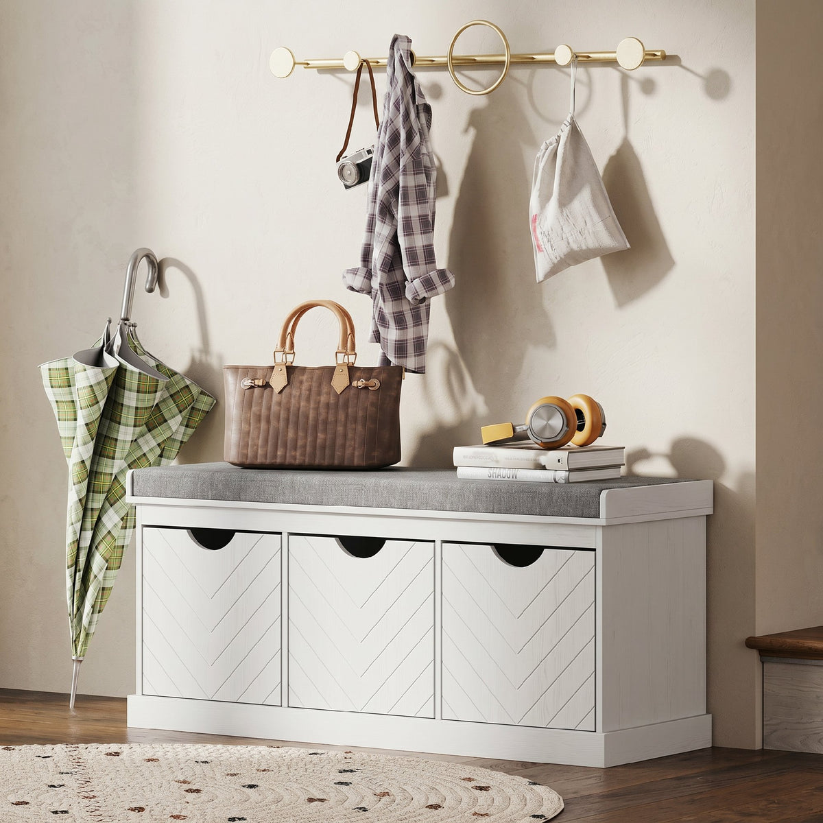 Banc chaussures entrée, banc de rangement avec 3 tiroirs amovibles et coussin rembourré en tissu aspect lin, blanc-6