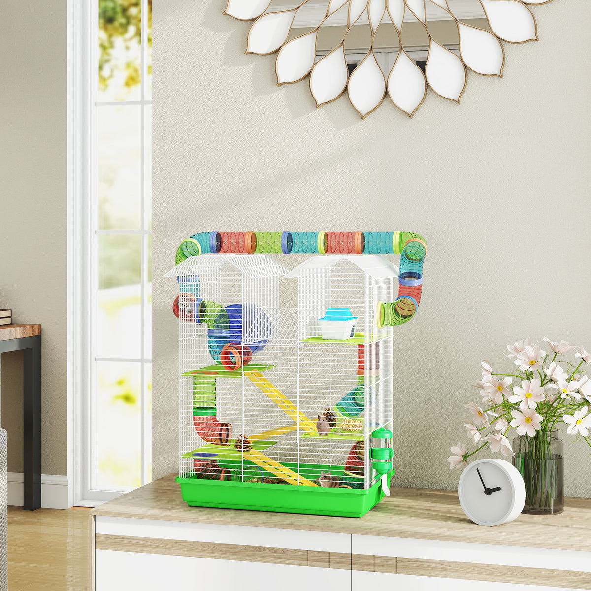 Cage pour hamster souris petit animaux rongeur avec tunnel mangeoire roue jouet 47 x 30 x 59 cm vert-9