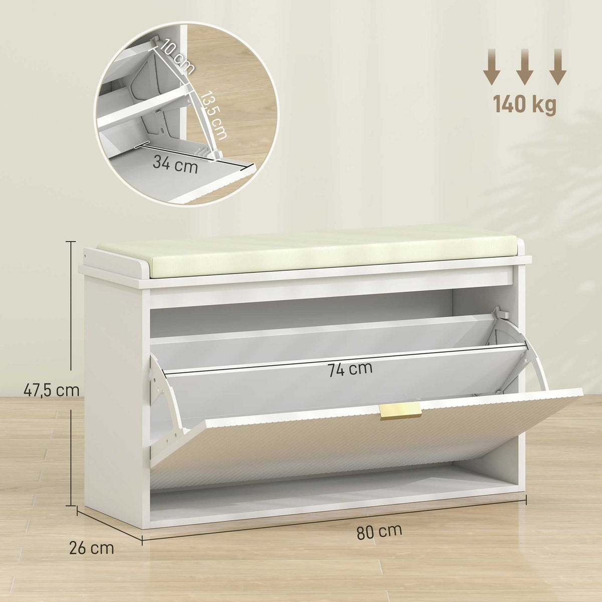 Banc à chaussures avec coussin d'assise rembourré et tiroir rabattable pour couloir, chambre, 80 x 26 x 47,5 cm, blanc-2