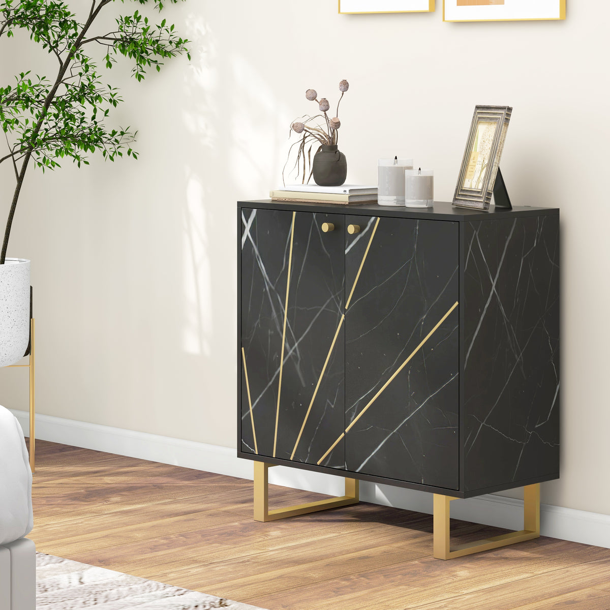 Buffet de rangement avec 2 portes et étagère réglable pieds en métal 76 x 35 x 77 cm ton marbre noir-9