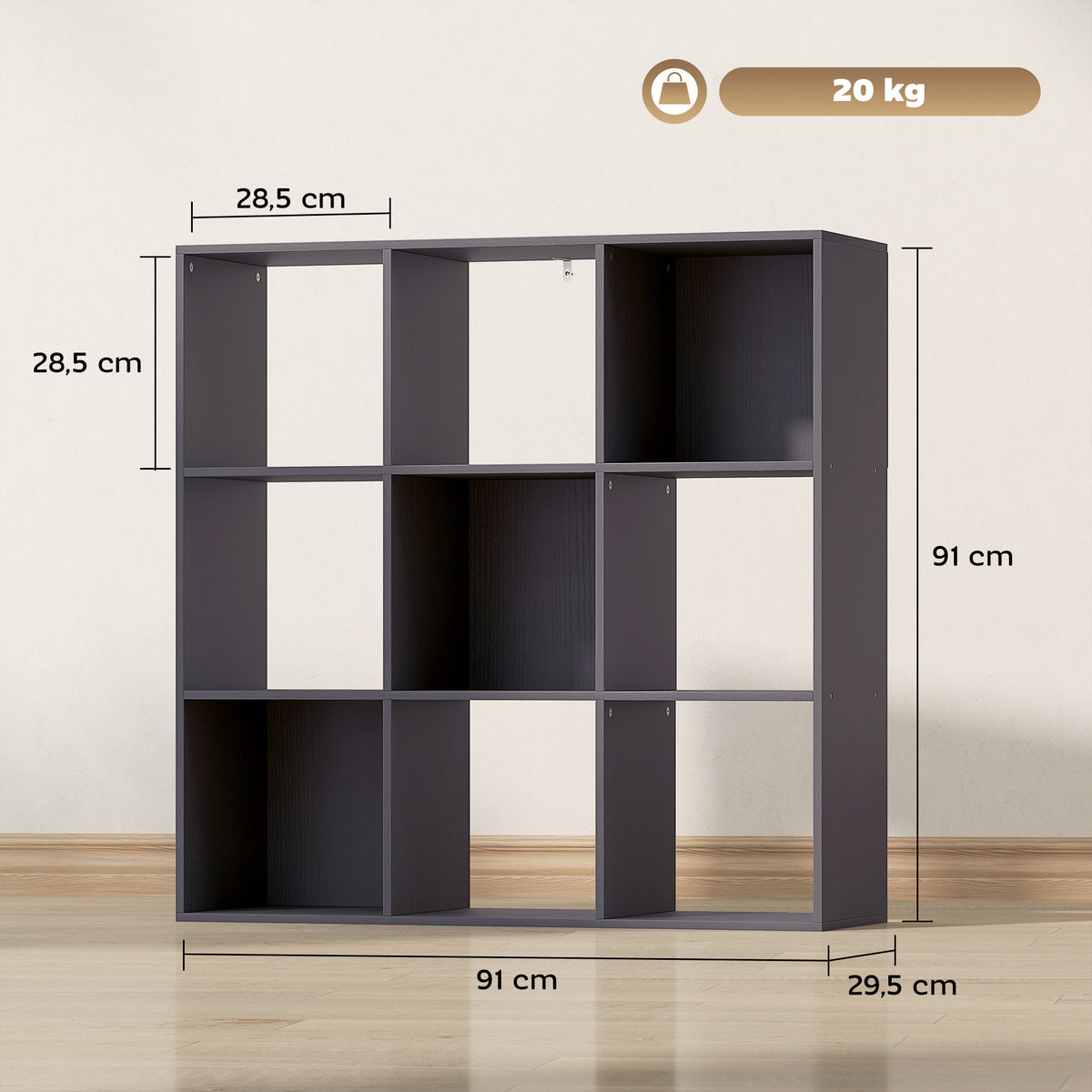 Bibliothèque, étagère de rangement à 3 niveaux avec 9 compartiments, pour salon, bureau, chambre, 91x29,5x91cm, gris-2