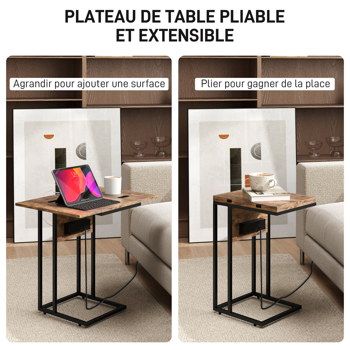 Table d'appoint bout de canapé avec station de charge, plateau pliable, 39 x 29 x 57 cm, brun rustique et noir-3