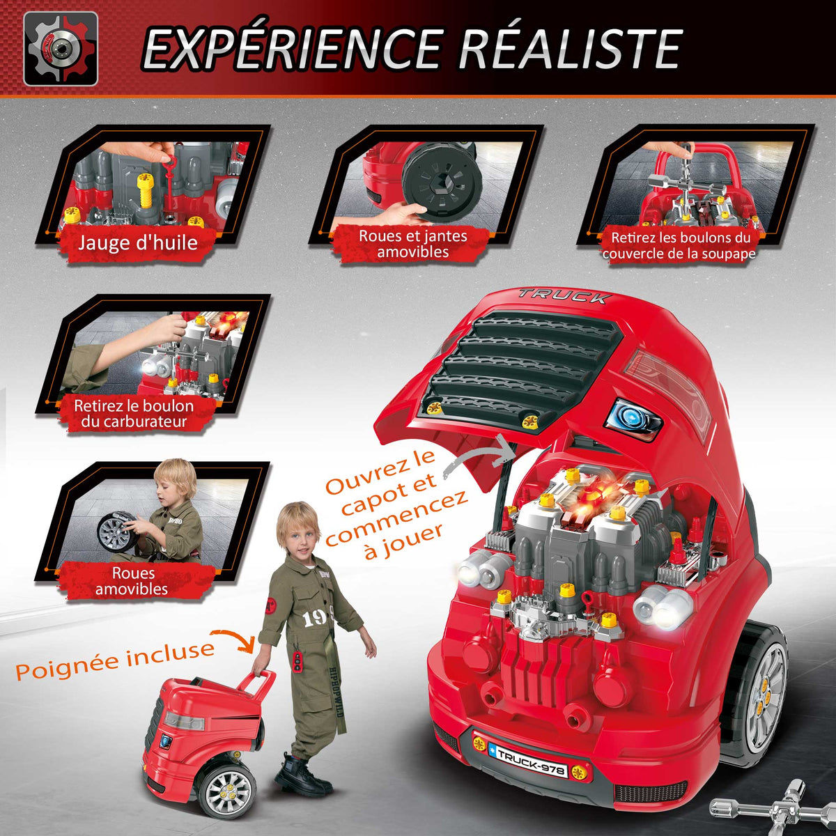 Camion mécano 2 1 - Jouet Bricolage Enfant - Établi - Jeu imitation mécanicien - Nombreux PP ABS Rouge-5