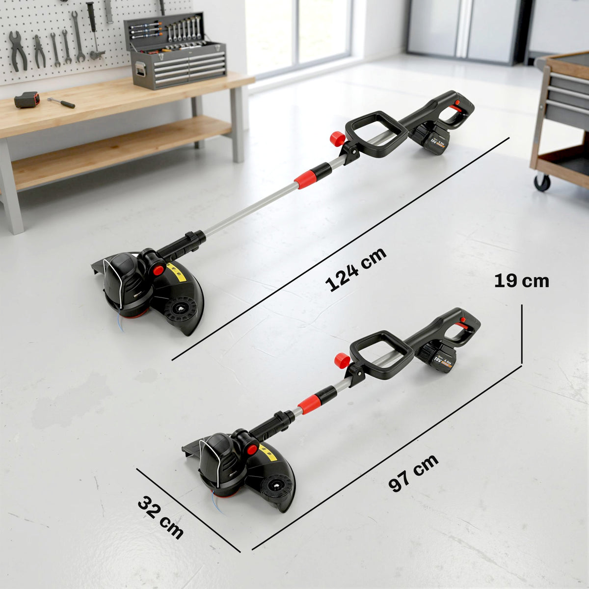 Coupe-Bordures sans Fil 18V, 2 Batteries 4,0 Ah, Chargeur, Coupe 25 cm, Manche Télescopique, 124x32x19cm, Argent-2
