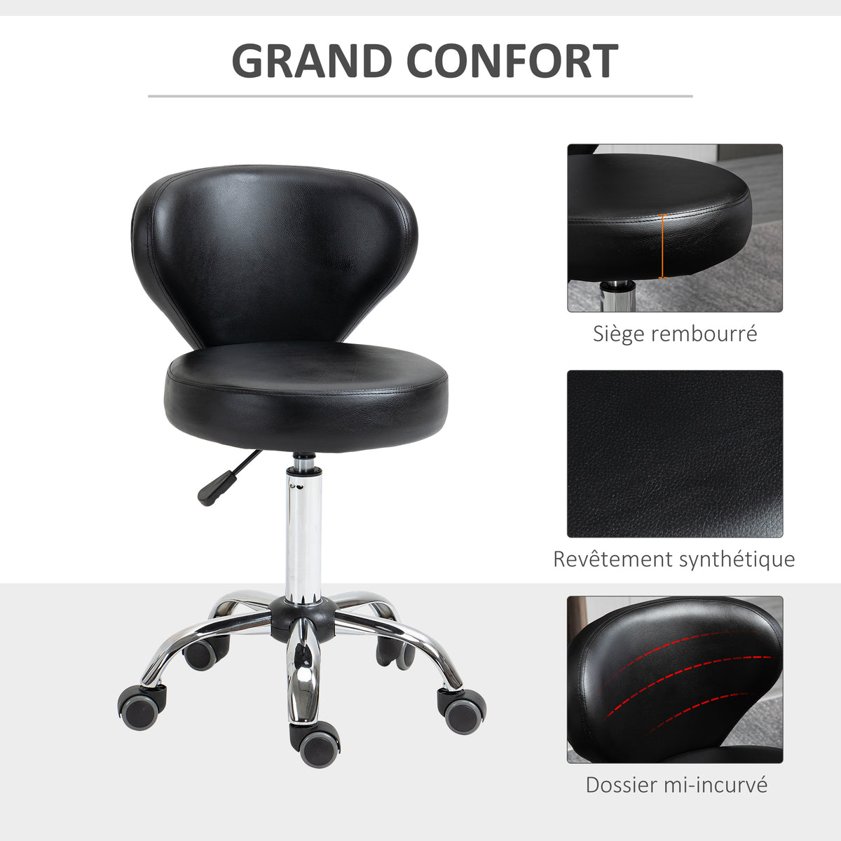 Tabouret à roulettes, tabouret de massage en PU avec hauteur réglable 73-88cm et dossier, chaise de travail pivotant 360°, cadre en acier, pour salon de massage, tatouage, clinique, spa, noir-4