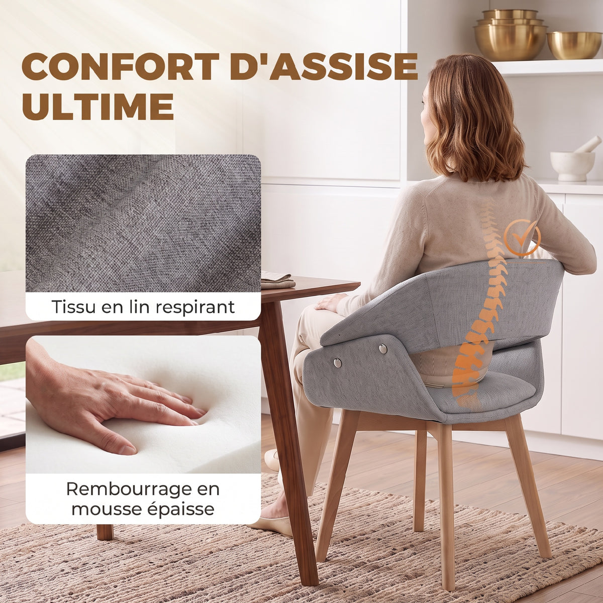 Lot de 2 Chaises Salle à Manger, Chaises de Cuisine en Tissu Effet Lin, Dossier Incurvé, Pieds en Bois de Hêtre, Gris-6