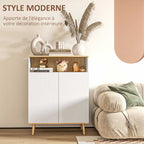 Meuble de rangement buffet sur pied scandinave placard 2 portes avec étagère intérieure blanc et aspect bois-3
