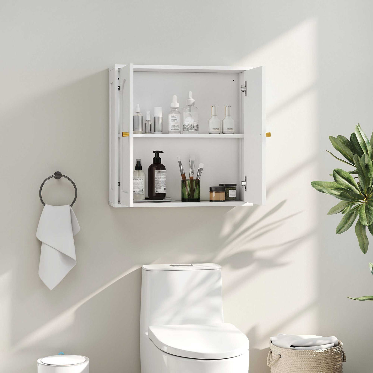 Armoire murale, meuble haut salle de bain moderne avec placard à double porte et poignées dorées, 60x20x60cm, blanc-1