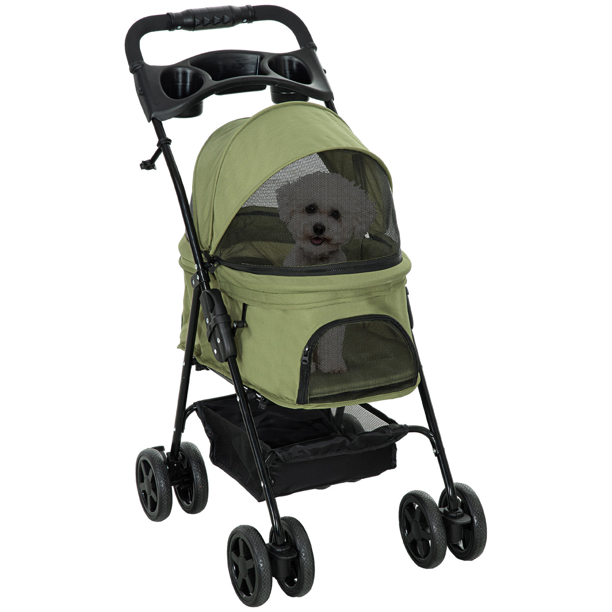 Poussette buggy pliable chien chat panier rangement porte-gobelets tissu 300D Oxford imperméable 4 roues vert-0
